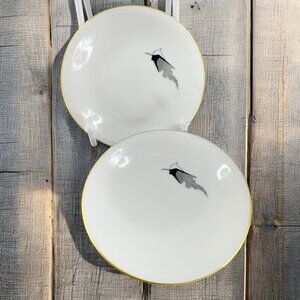 Freiberger Porzellan Round Dish Plate Unique Design Germany MCM Gold Edge Set 2